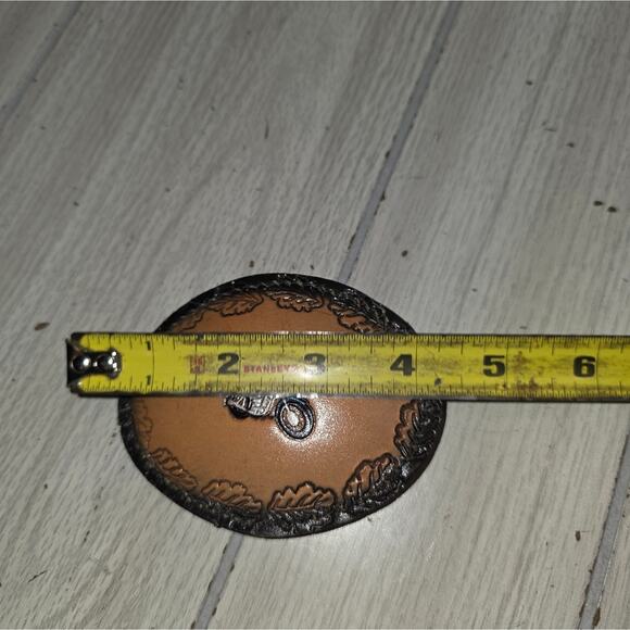 Vtg Tooled Brown Leather Motorcycle Belt Buckle Oval Embossed Western 4" Biker - Picture 3 of 5